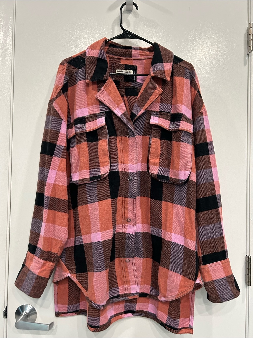 We The Free Plaid Izzie Cargo Jacket, Pink Flannel Button Down Coat Cotton M